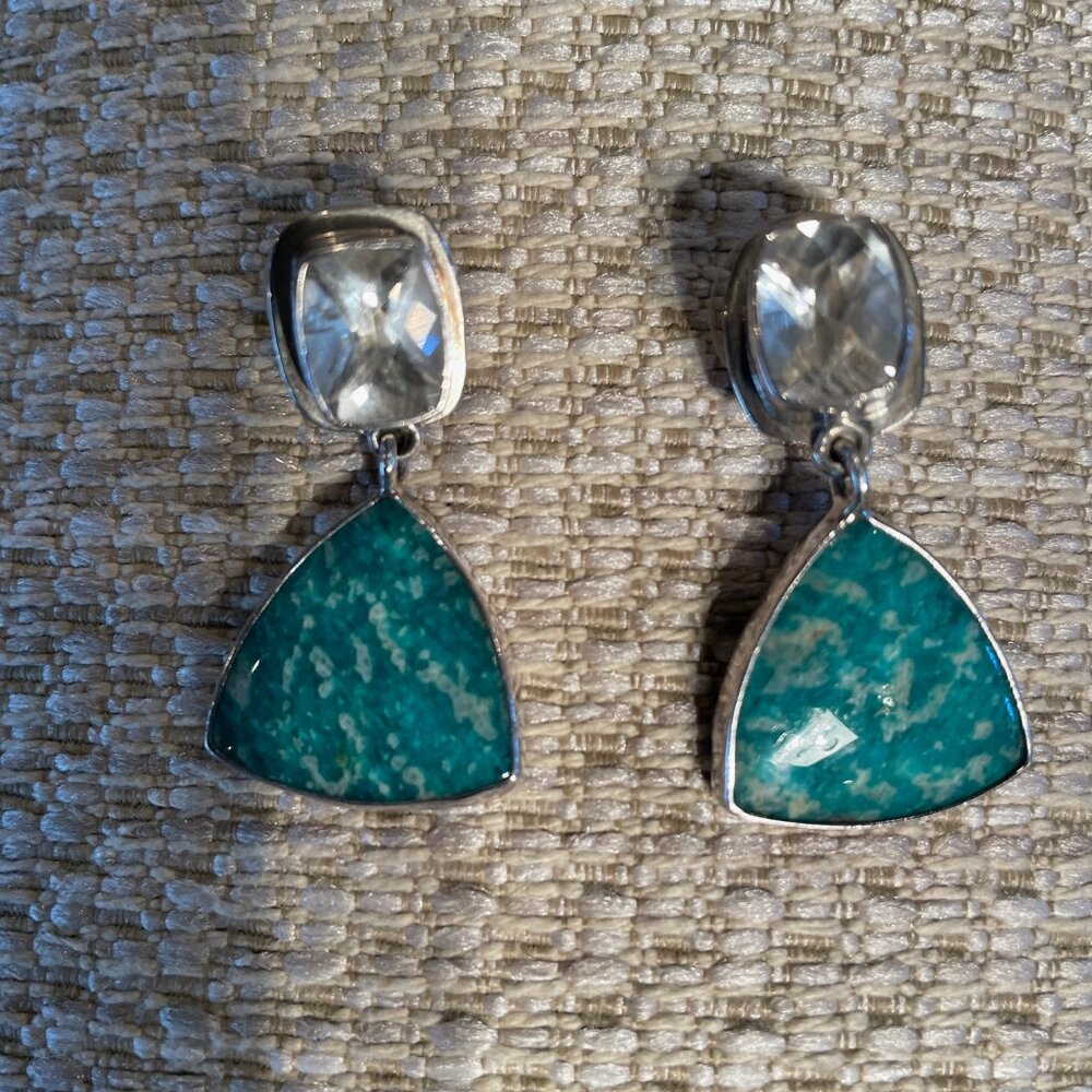 Beautiful pierced earrings in obsidian, sparkly clear and silver